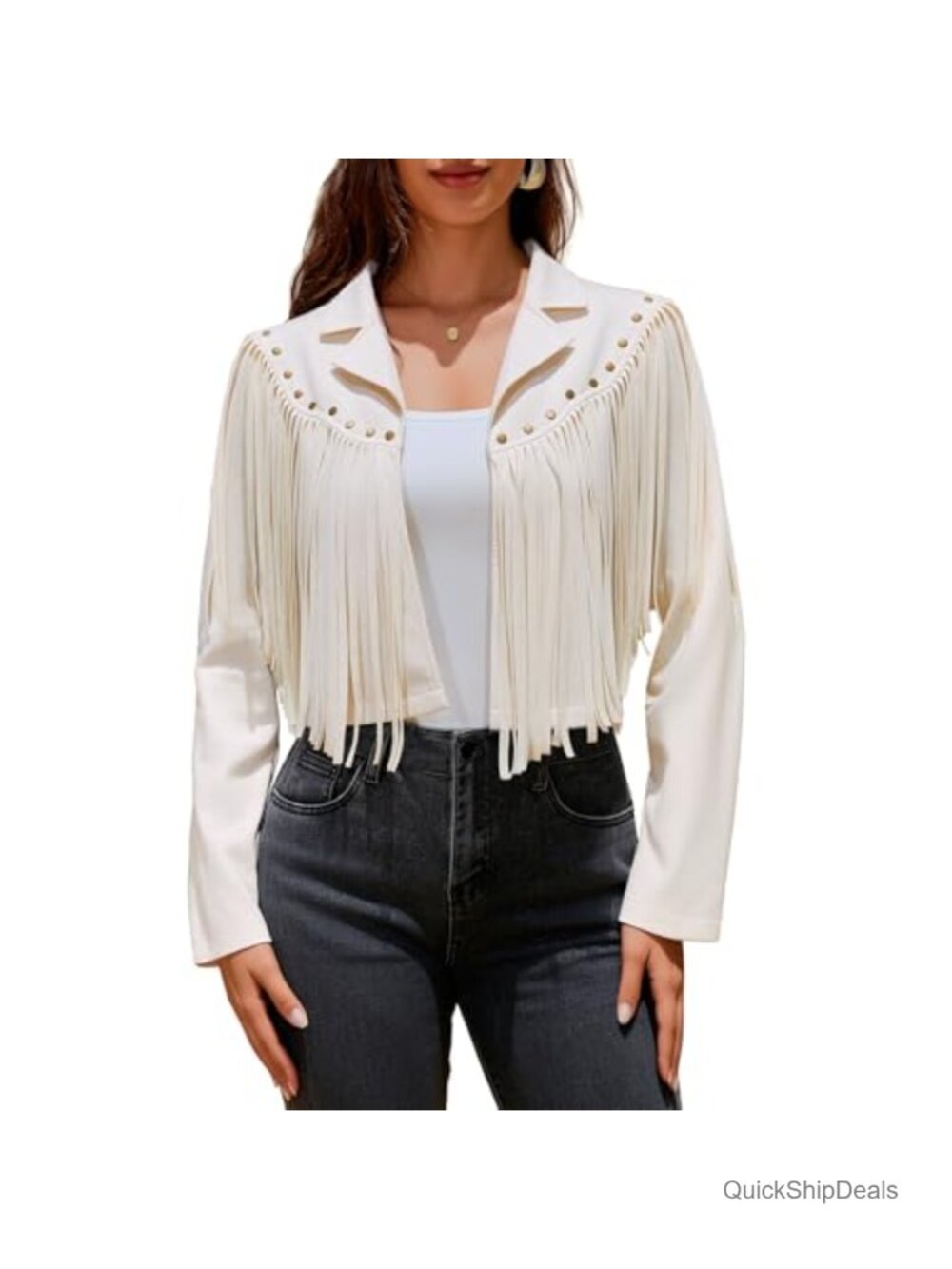 Faux Suede Fringe Jacket Cropped Open Front Western Tassel
